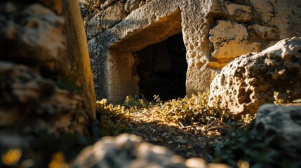 Poster - A cave nestled in the middle of a rocky area. Perfect for adventure and exploration themes