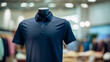 mannequin dressed in a shirt, Dark blue polo shirt worn on a mannequin in a minimalist style, with a clothing store background, Ai generated image