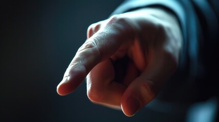 Poster - A close-up shot of a person's hand pointing at something. This versatile image can be used to convey direction, instruction, guidance, or emphasis in various contexts