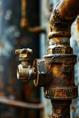 Poster - A picture of a rusted metal pipe with water flowing out of a spigot. This image can be used to depict a leaky or broken pipe, water conservation, plumbing issues, or industrial themes