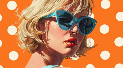 Poster - A painting of a woman wearing sunglasses against a vibrant polka dot background. This image can be used to add a stylish and trendy touch to various projects