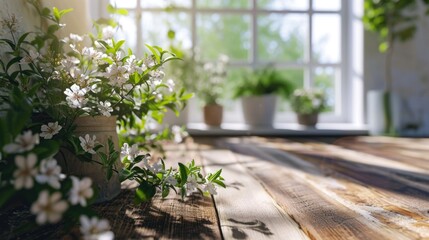 Poster - A wooden table adorned with a variety of potted plants. Perfect for adding a touch of nature to any space