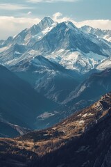 Aufkleber - A captivating view of a mountain range with snow-covered mountains in the distance. Perfect for nature enthusiasts and travel-related projects