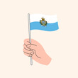 © itsmaku - Flag of San Marino, Europe, Isolated Flat Illustration. Cartoon Hand Holding Sammarinese Flag, Simple Vector Design.