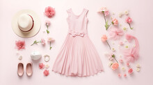 Pink And White Dress, Fashion Pastel Composition With Female Clothes And Accessories. Flat Lay, Top View, Ai Generated Image