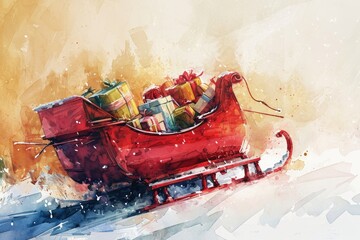 Poster - A beautiful watercolor painting depicting a festive scene of a sleigh filled with presents. Perfect for holiday-themed designs and Christmas greetings