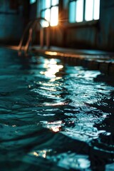 Poster - A pool filled with water next to a window. Suitable for various indoor and outdoor themes