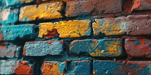 Poster - A detailed close-up shot of a brick wall with vibrant paint splatters. Perfect for adding texture and color to design projects