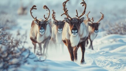 Aufkleber - A herd of reindeer walking across a snow-covered field. Ideal for winter-themed projects or nature illustrations