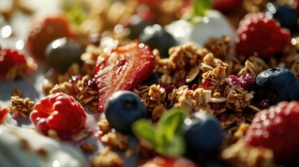 Poster - A delicious bowl of granola topped with fresh berries and juicy blueberries. Perfect for a healthy breakfast or snack