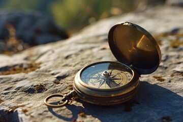 Poster - A pocket watch placed on top of a rock. Perfect for time-related concepts and vintage themes
