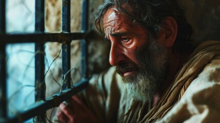 Poster - A man with a long beard is looking out of a window. This image can be used to depict curiosity, contemplation, or solitude