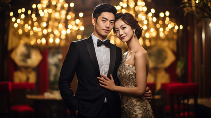 Chinese rich couple dressed in formal attire, men's black suit, woman's evening dress, standing at a fancy banquet venue in the evening