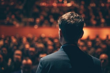 Poster - A man in a suit standing confidently in front of a large crowd. Suitable for business, leadership, or public speaking concepts