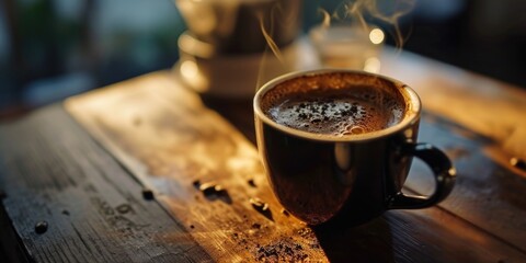 Poster - A cup of coffee sitting on top of a wooden table. Perfect for coffee shop menus and lifestyle blogs