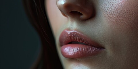 Poster - A close-up shot of a woman's face showcasing her pink lip. Perfect for beauty and cosmetics-related projects