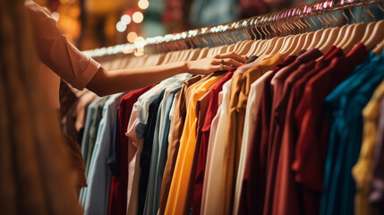 Clothes on hangers, hand of customer choosing clothes in a clothing store close shot, Ai generated image 