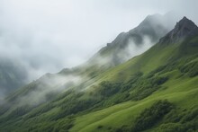 High Mountains With Green Slopes In Dense Fog. Generative AI
