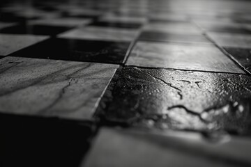 Poster - A black and white photo of a wet floor. Suitable for illustrating cleanliness, safety precautions, or accidents