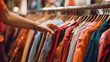 © FH Multimedia - Second hand vintage clothes in a store on sale. Fashionable European used retro jeans, t-shirts, dresses, pants, hand of customer choosing clothes in a clothing store close shot, Ai generated image