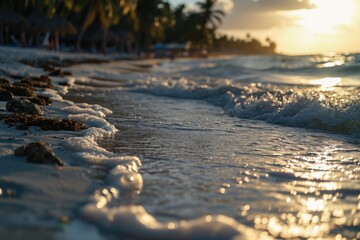 Poster - Waves gently rolling onto the sandy shore. Perfect for beach and ocean-themed designs