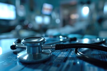 Poster - A close-up view of a stethoscope resting on a table. This image can be used to represent medical equipment or healthcare concepts