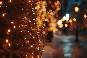 Poster - A street filled with colorful lights illuminating the surroundings, with a beautiful tree standing nearby. Perfect for festive decorations or urban night scenes.