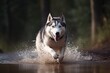 Husky dog run in the water. Generative AI