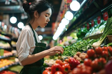 A woman standing in front of a display of fresh and vibrant vegetables. This picture can be used to showcase healthy eating, grocery shopping, or the concept of farm-to-table