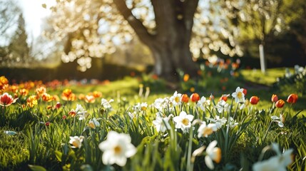 Poster - A picturesque field of colorful flowers with a tree in the background. Suitable for nature-themed designs and concepts