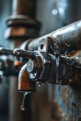 Poster - A detailed view of a metal faucet with water dripping from it. Ideal for illustrating concepts related to water conservation or plumbing