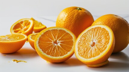 Poster - A group of oranges cut in half on a table. Perfect for food and beverage related designs