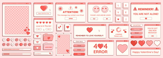 Poster - Set of Y2K Valentine Day retro computer windows, buttons, messages and other romantic interface elements with cheering phrases. Vector illustration.