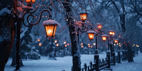 Poster - Snow-covered street lamps lined up in a row. Perfect for winter-themed designs or holiday illustrations
