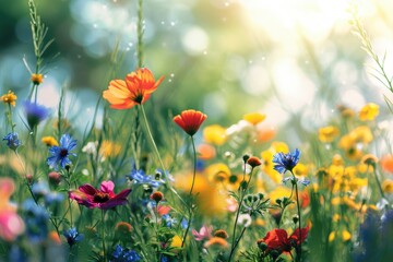 Poster - A vibrant field of flowers illuminated by the sunlight. Perfect for adding a touch of nature to any project