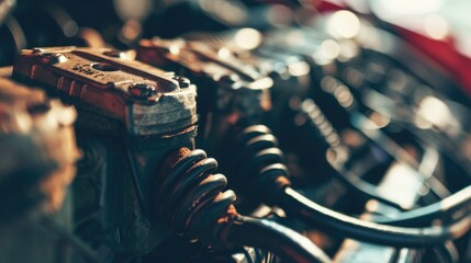Poster - A detailed close up view of a motorcycle engine. Perfect for automotive enthusiasts and mechanics