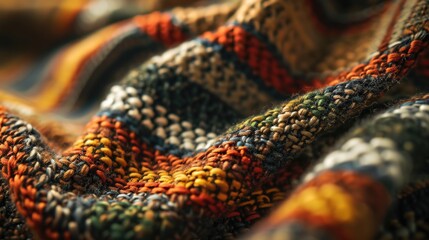 Poster - A close-up view of a multicolored blanket on a bed. Suitable for home decor or interior design projects