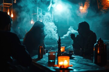 Canvas Print - A group of people sitting around a table smoking. Suitable for illustrating social gatherings or discussions in a casual setting