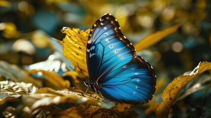 Aufkleber - A blue butterfly perched on a leaf. Suitable for nature and wildlife themes