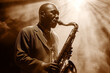A soulful African American jazz musician playing the saxophone