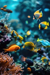 Poster - Group of fish swimming in an aquarium. Can be used to showcase aquatic life or as a decorative element in interior design