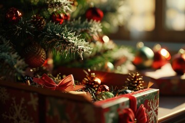 Poster - A close-up view of a box adorned with beautiful ornaments. This image can be used to enhance holiday-themed designs or add an elegant touch to any project