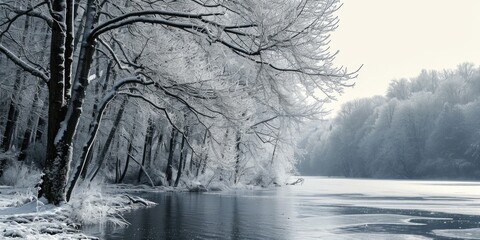 Poster - A serene winter landscape of a river surrounded by snow-covered trees. This image captures the beauty and tranquility of nature in the winter season.