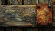 Rusty hinge on weathered wooden beams with lichen