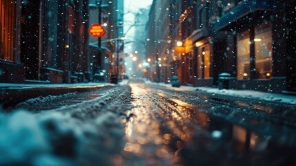 Poster - A picture of a city street covered in snow. Suitable for winter-themed designs and illustrations