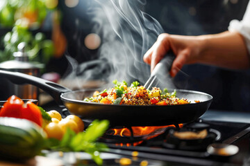 Wall Mural - Chef preparing a healthy vegetable stir fry on a gas stove with steam rising from the pan.