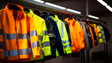 Fototapeta  - High visibility safety coats and jackets, personal protective equipments, for sale outside, fluorescent colors. Selective blur on high visibility safety coats and jackets, personal protective, Ai