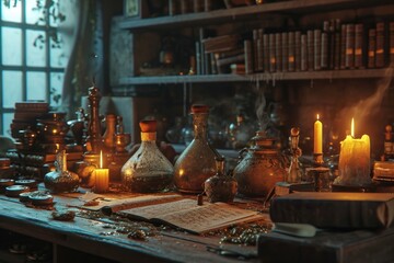 Poster - A table filled with numerous bottles and candles. Suitable for various occasions and decorations