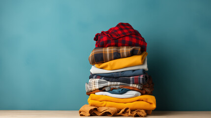 Wall Mural - Stack colorful cotton clothes on table empty space background, Stack of clothes empty copy space , Ai generated image