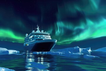 Wall Mural - expedition cruise ship north pole cold ice berg northern lights in sky 